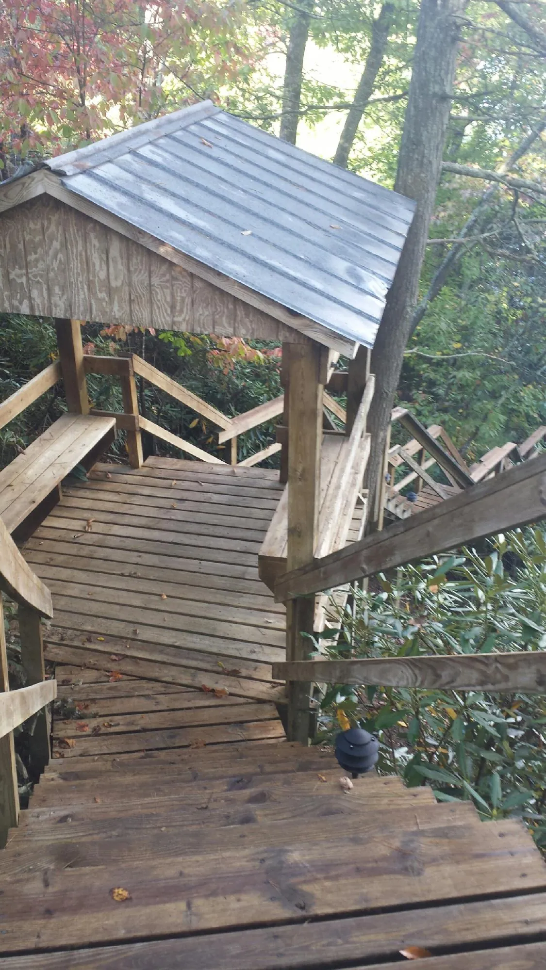 Metal roofed shelter over wooden steps on a wooded walkway — Skylight Repair & Installation work by our crew in Lando